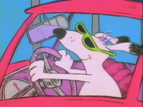 Cartoon dog driving a car with sunglasses.