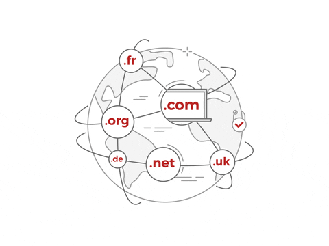 Globe with lines connecting various website endings such as .com, .org, .net and .uk