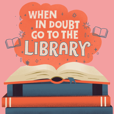 Cartoon book open with the text "When in doubt go to the library" in a cloud with sparkles above.