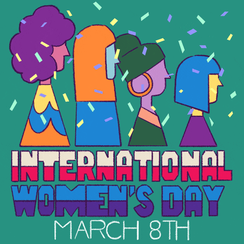 Cartoon side profiles of women with the text "International Women's Day March 8th" and confetti raining down.