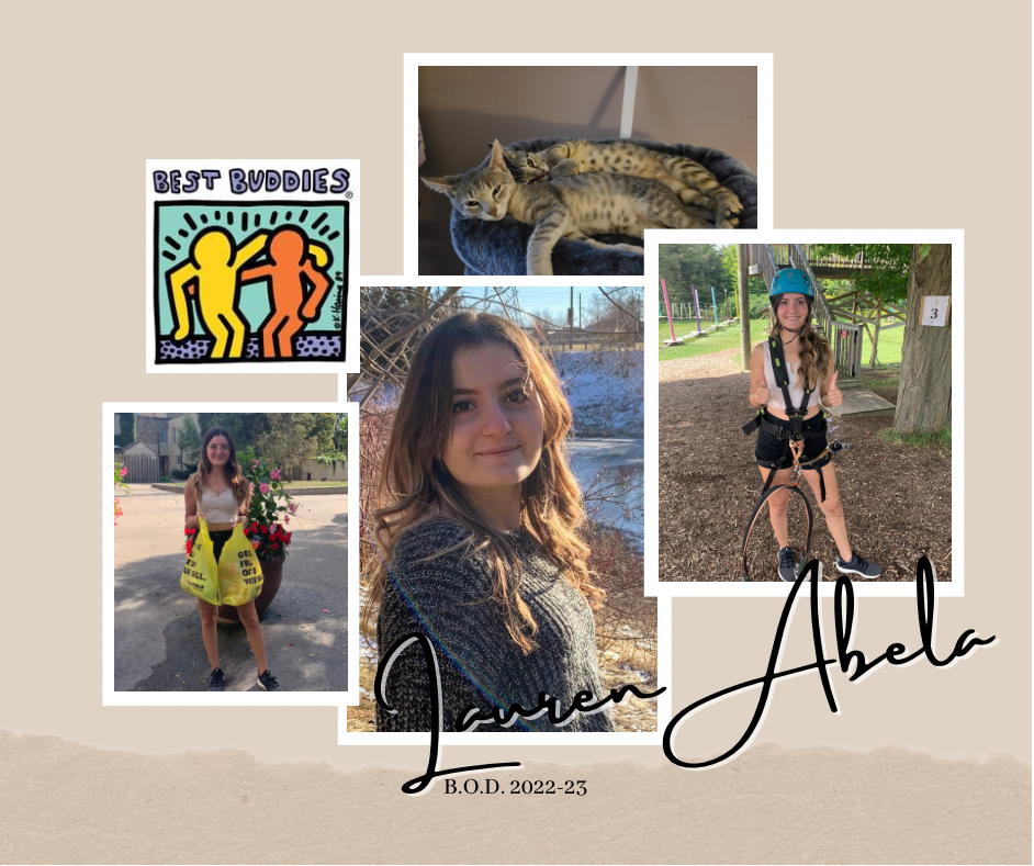 Collage of Lauren Abela shopping, by the lake, flying fox, the Best Buddies club logo and her cats.