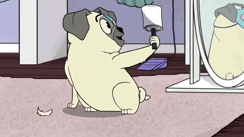 Cartoon pug with eyepatch cleaning the ground with a lint roller.