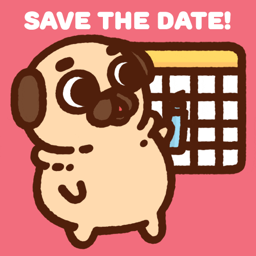 Pug crossing off day on calendar with the text "Save the date!"