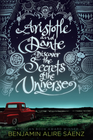 Cover page with blue night sky and red truck with the title "Aristotle and Dante Discover the Secrets of the Universe" in cursive with decorative imagery around it.