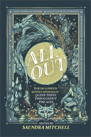 Green and yellow cover page with the title "All Out" surrounded by mythological characters and fairy tale imagery.
