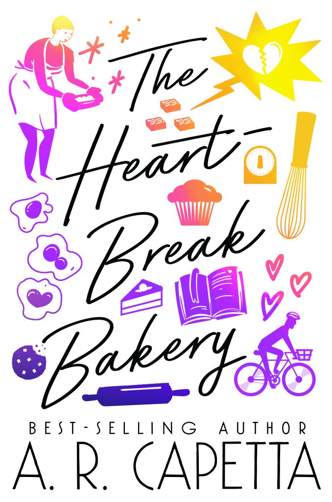 Cover page of "The Heartbreak Bakery" with surrounding icons of a person baking, brownies, broken hearts, baking ingredients and a delivery person.