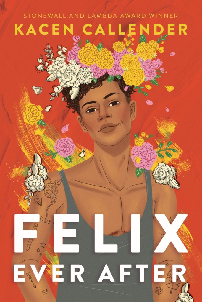 Orange cover page of "Felix Ever After" with Felix standing and flowers around his hair.