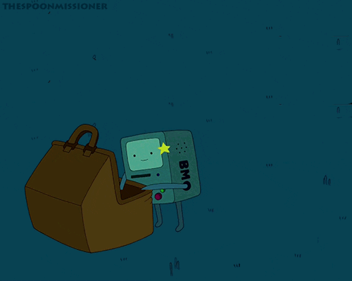 BMO from Adventure time taking out batteries, powering off, falling onto new batteries and powering on.