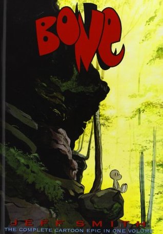 Cover of Bone with Fone Bone sitting at a bottom of a large rock formation in a forest.