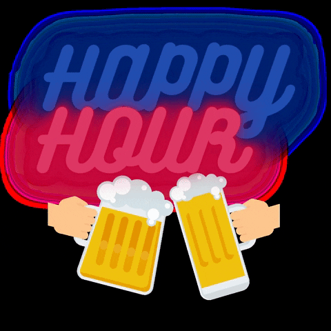 Two glasses of beer in front of a blue and pink sign that sparkles with the text "Happy Hour."