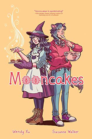 Cover of Mooncakes featuring Nova and Tam standing back to back holding a baked dessert and baking mixture.
