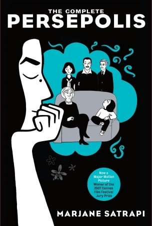 Cover of Persepolis with older Marjane thinking about her younger years with her family.