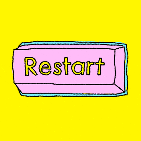 Cartoon pink restart button against a yellow background being pushed.