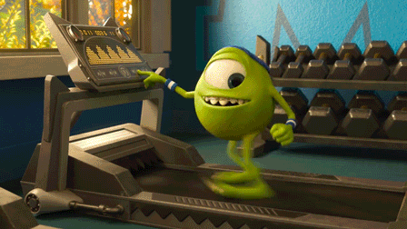 Mike, a green monster from the popular Disney movie "Monster Inc" is running on a treadmill. However, while running he falls off the treadmill.