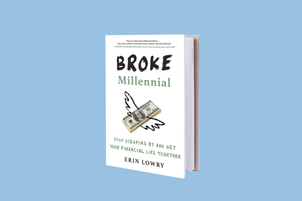 A white and green book cover featuring a stack of US dollar bills. This cover has the title "Broke Millennial".