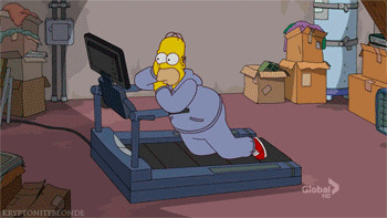 Homer from the "Simpsons" is crawling on the treadmill.