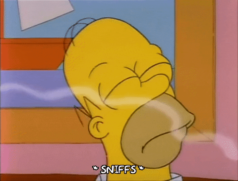 Homer from the Simpsons is smelling something with his eyes closed.