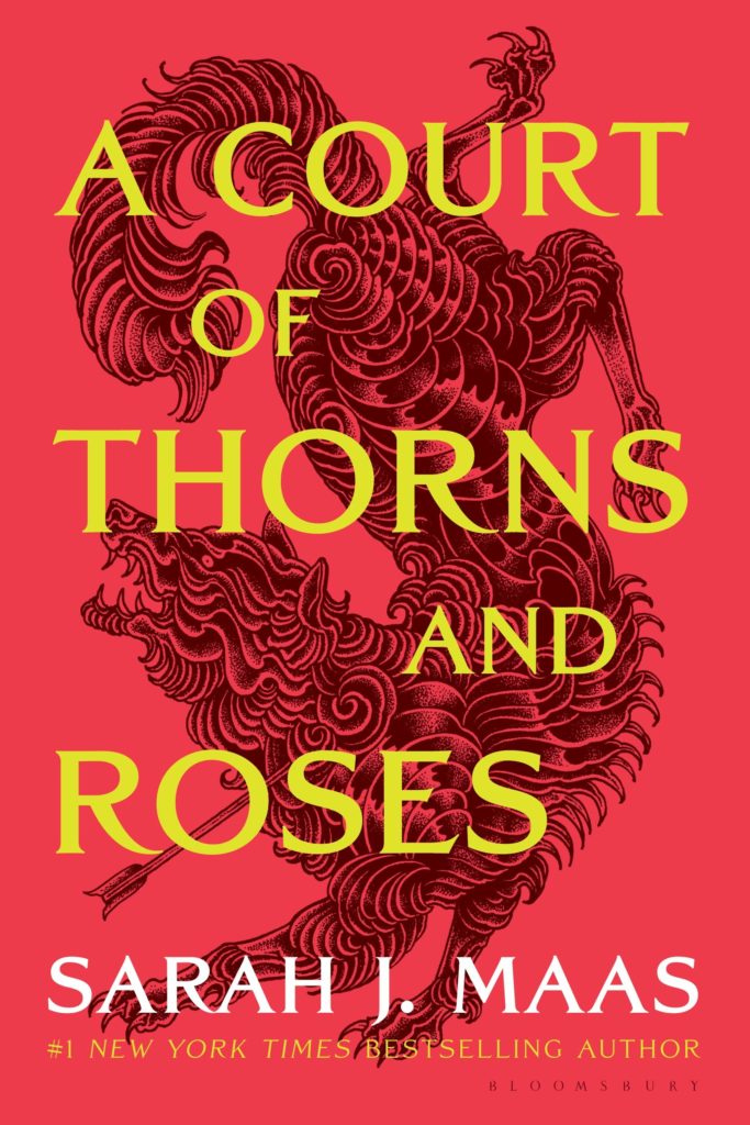 The book cover for the novel "A Court of Thorns and Roses" has a pink background and features a mystical creature.
