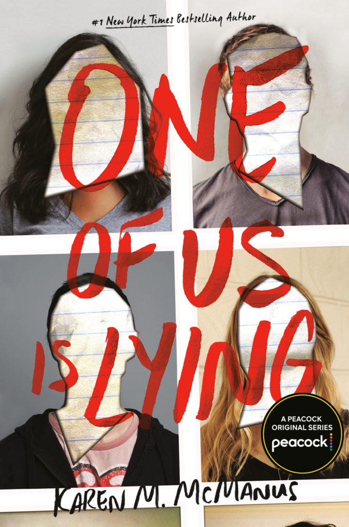The book cover for the novel "One of us is Lying" features four individuals with their faces blurred.