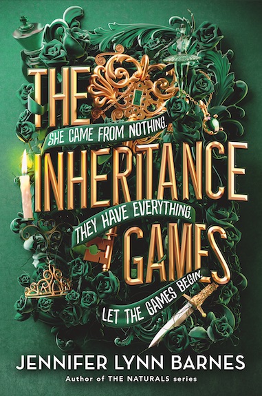 The book cover for the novel "The Inheritance Games" is green with a large bouquet of roses, a sword and a candle.