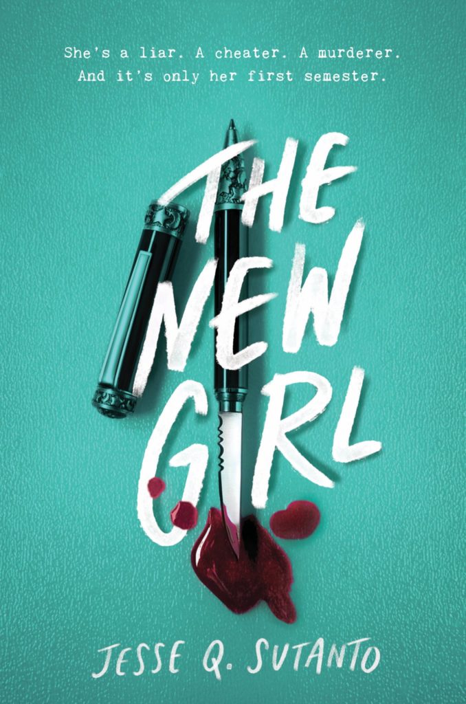 The book cover for "The New Girl) features a knife with blood dripping.