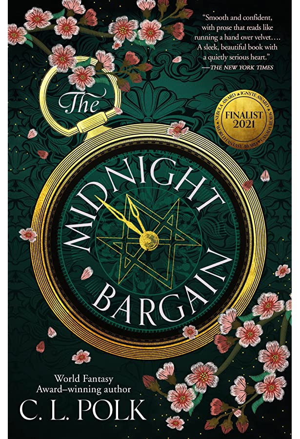 The book cover for "The Midnight Bargain" has a green background along with flower petals. (Humber Library)
