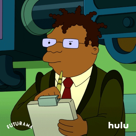 A character from "Futurama" is writing something down on a clipboard.