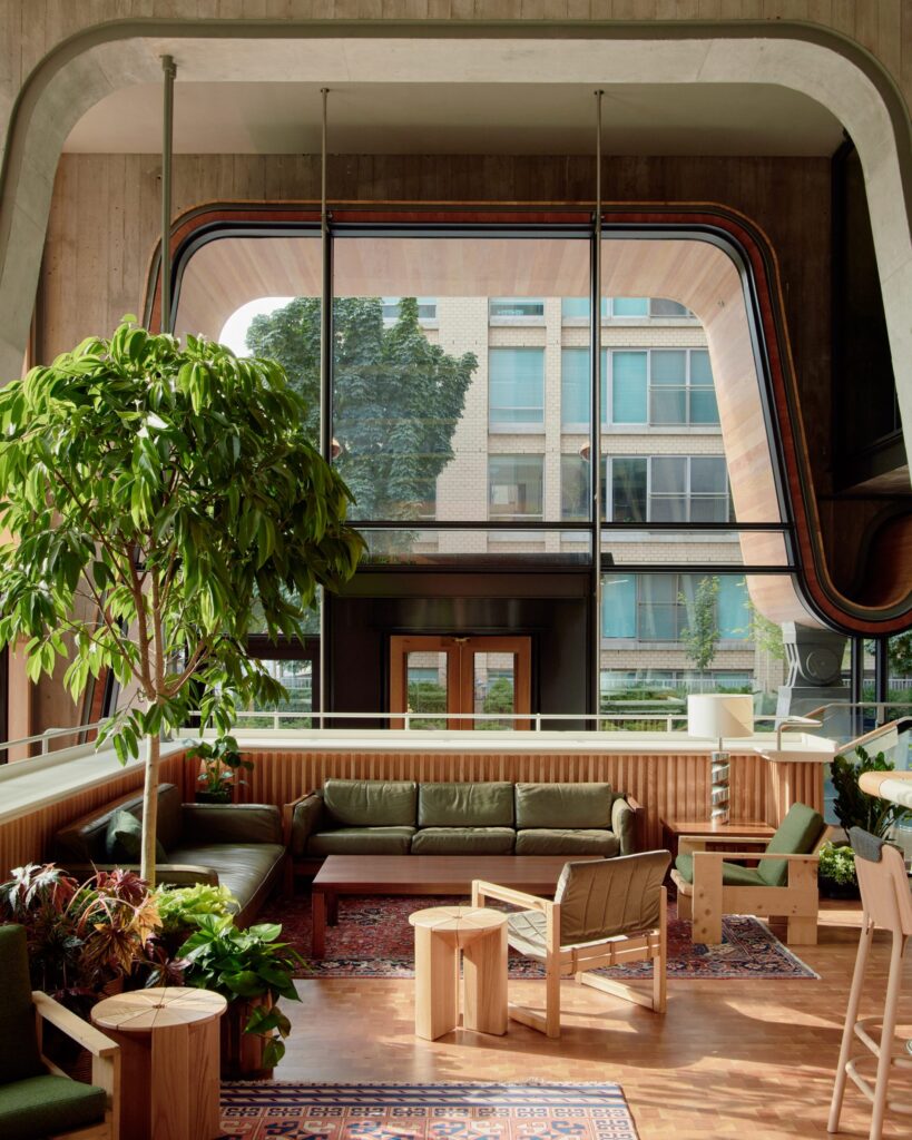 Ace Hotel is designed with cozy furniture. There's a lot of greenery in the lobby. (study spots)