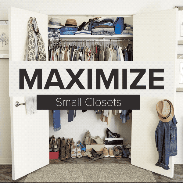 A small closet is organized using shoe racks and storage bins.

