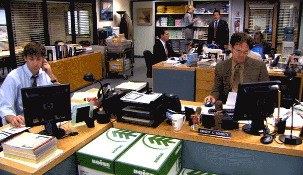 The character Michael Scott from the TV show The Office declares bankruptcy in the middle of the office.