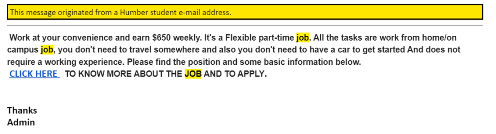 A snippet of the job scam sent to Humber students. 