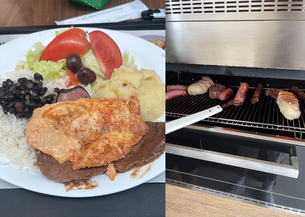 Traditional Brazilian food, a classic Brazilian self-service dish on the left and a classic Brazilian barbecue on the right.