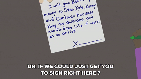 A South Park gif of someone signing up for Super Awesome Talent Agency