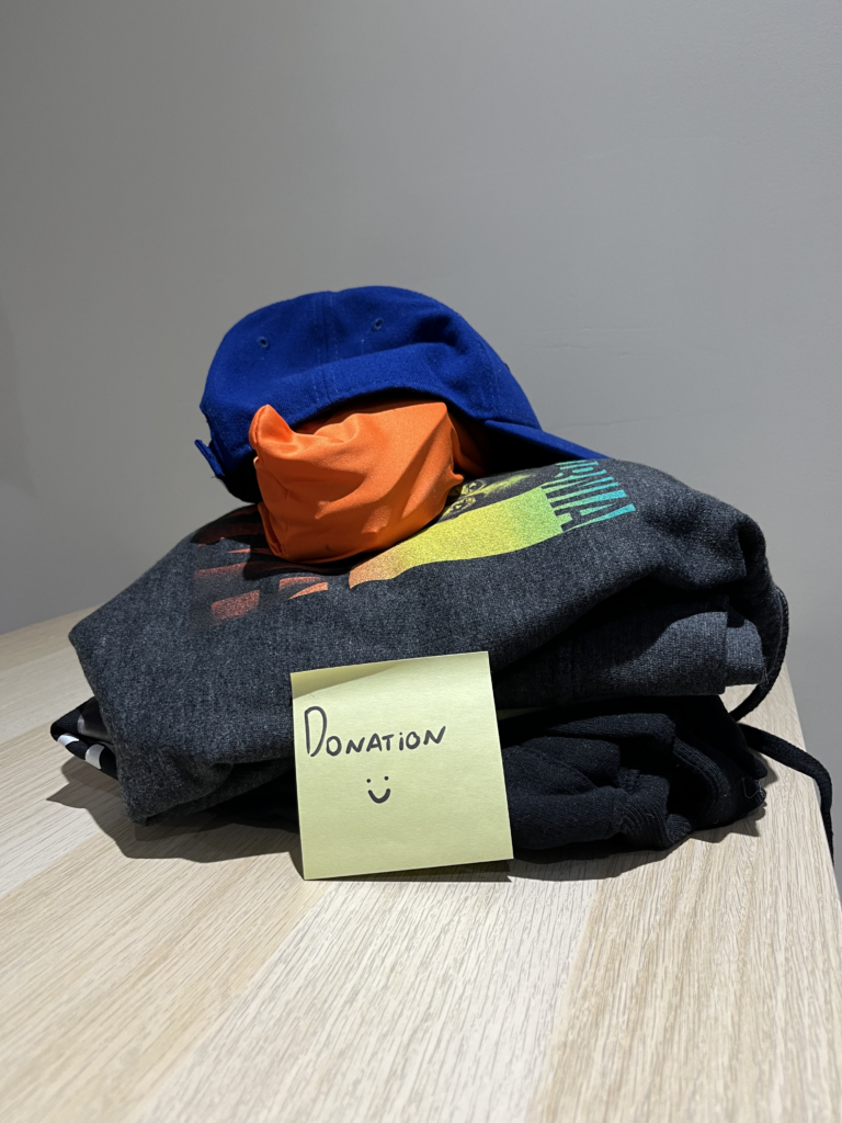 Picture of a donation box with two sweaters, a hat and a pair of goggles.