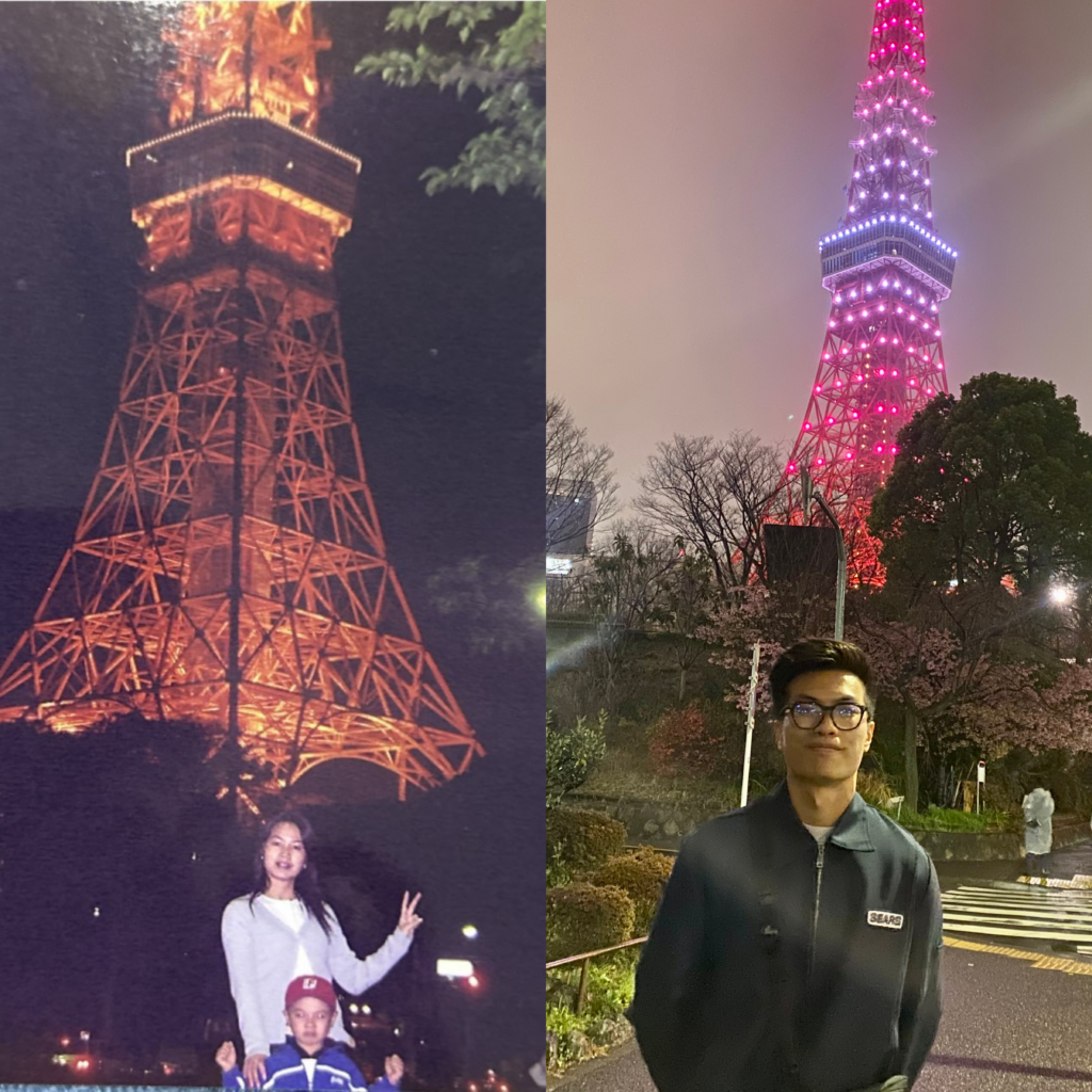 now and then of a man in front of Tokyo Tower