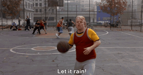 A man playing basketball saying "Let it rain" while dunking.