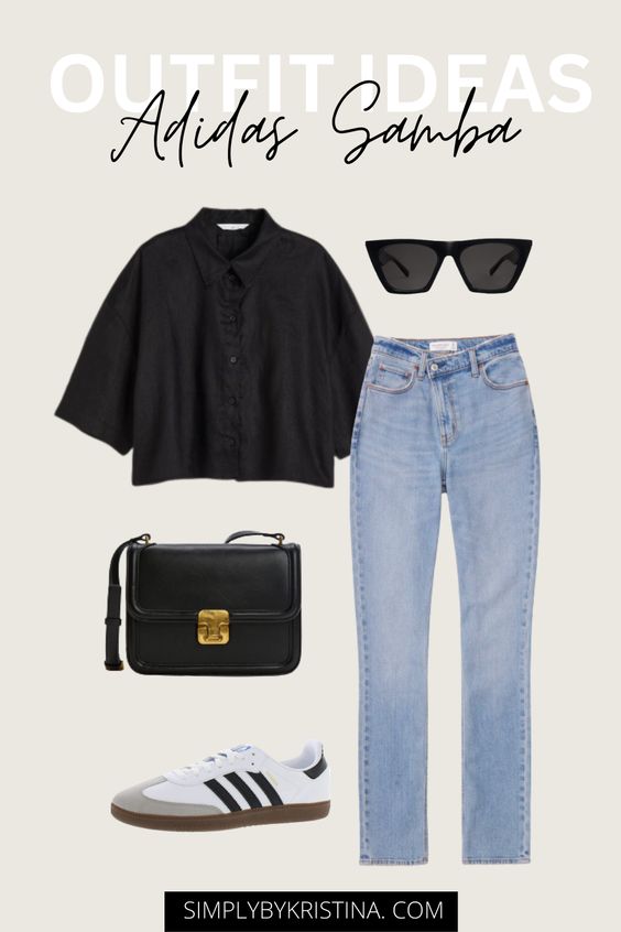 A picture of different clothing items, put together to create the ultimate summer look. This includes sunglasses, straight jeans and Adidas Sambas.