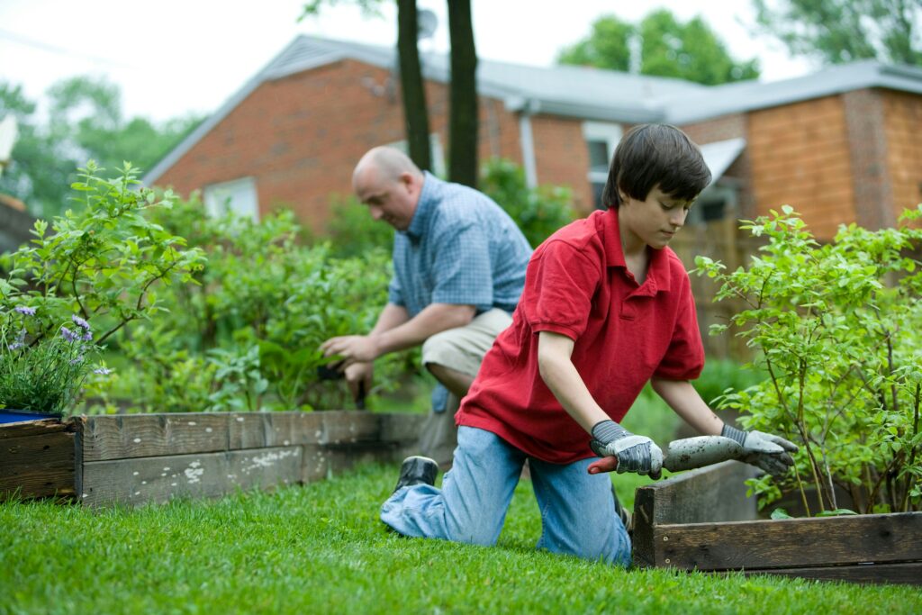 Picture of a kid and an adult taking care of a garden.