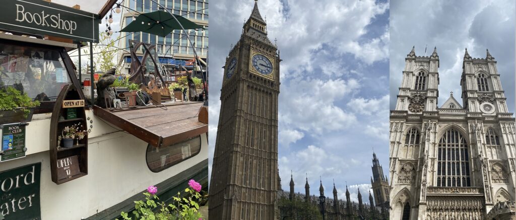 Pictures from left to right of Word on the Water bookstore, Big Ben and West Minister Abbey during Edwards' time at the exchange program.