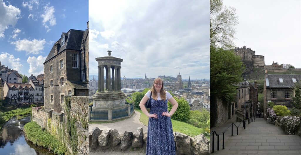 Pictures from left to right of Dean Village, Calton Hill and Edinburgh Castle.