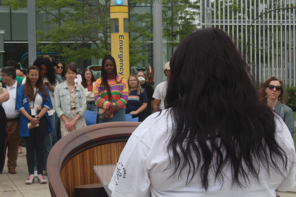 Picture of IGNITE student advocate Jessica Carrera giving a speech at Humber’s Pride Flag Raising Ceremony.