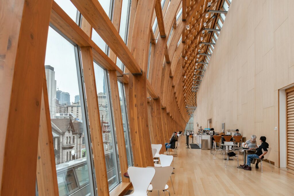 Picture of people sitting inside the Art Gallery of Ontario.