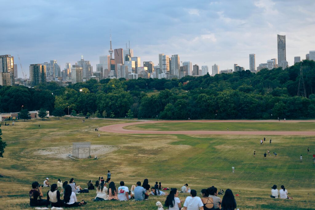 Picture of a group of people sitting on top of a lush green field at Riverdale Park.