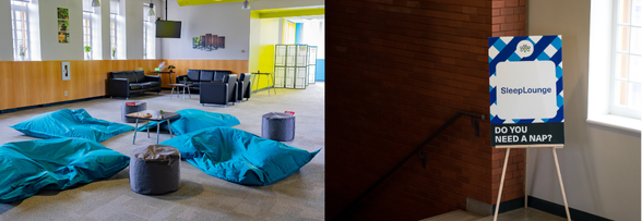 Picture of the resources IGNITE Zen Zone on the left and the IGNITE Sleep Lounge entrance on the right.