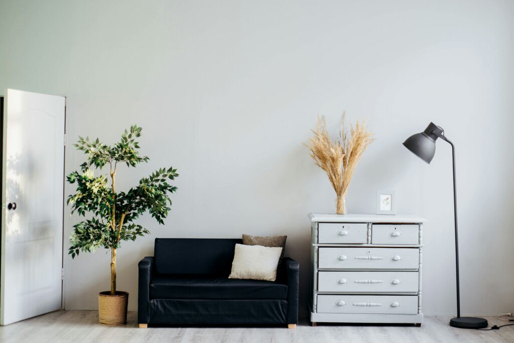 Picture of a dresser, a sofa, a plan and a lamp in a living room.