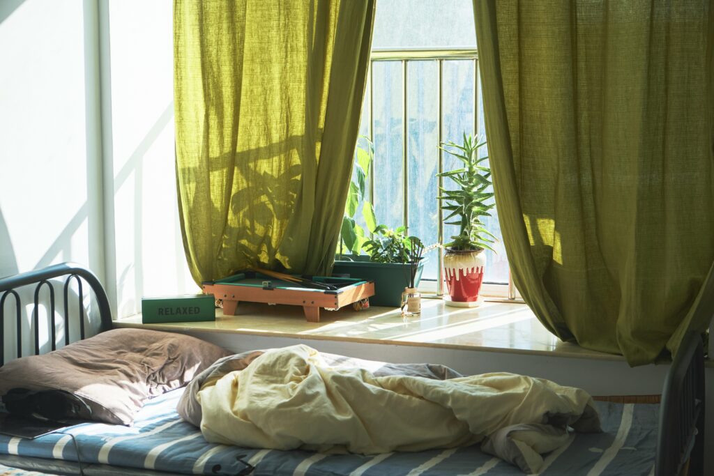 Picture of a bed beside a window with plants.