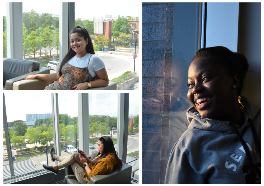 A collage of photos of three girls posing by glass windows of L building