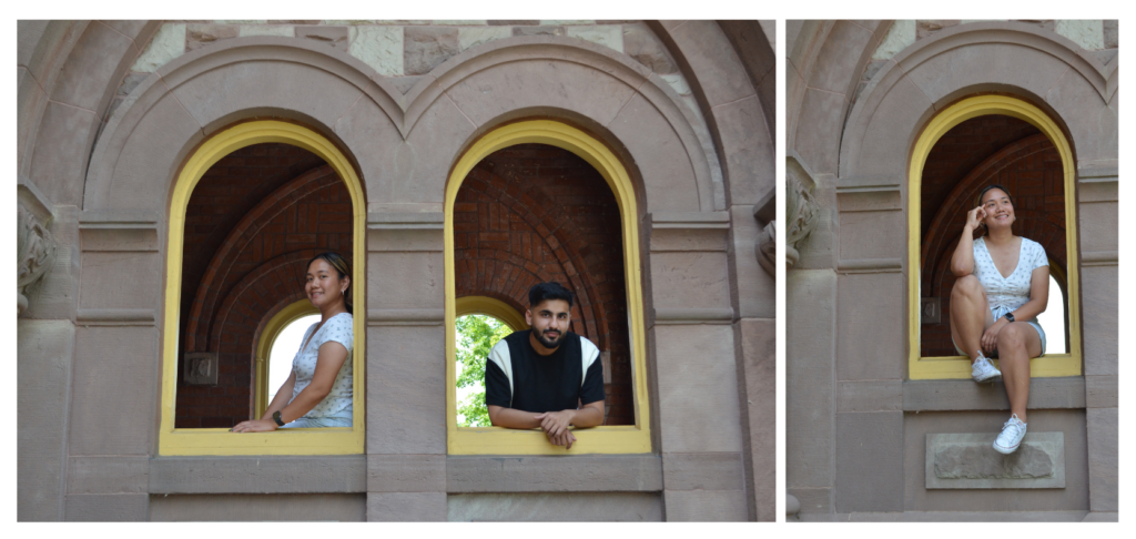 A collage of photos of people posing in a middle of an arched window.