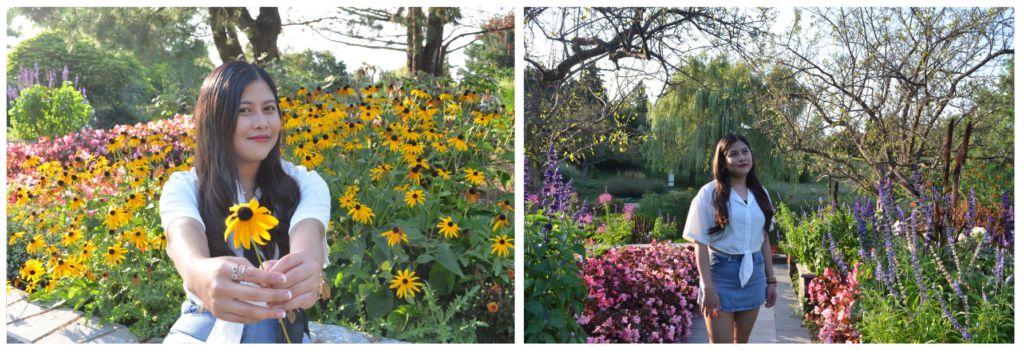 A photo collage of a girl posing in a garden of flowers.