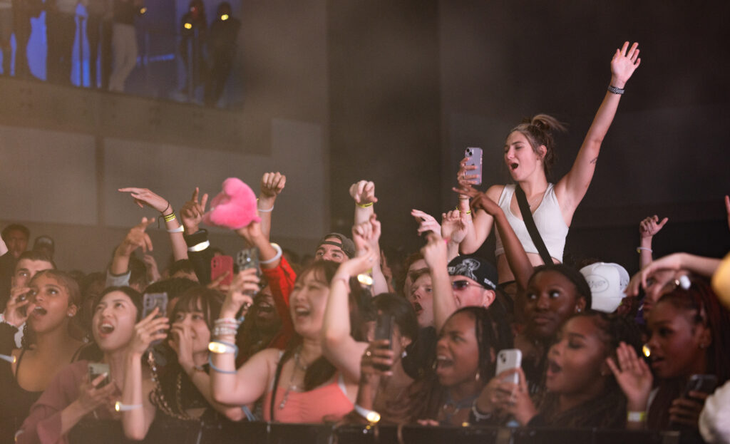 People shouting, smiling and enjoying the concert.